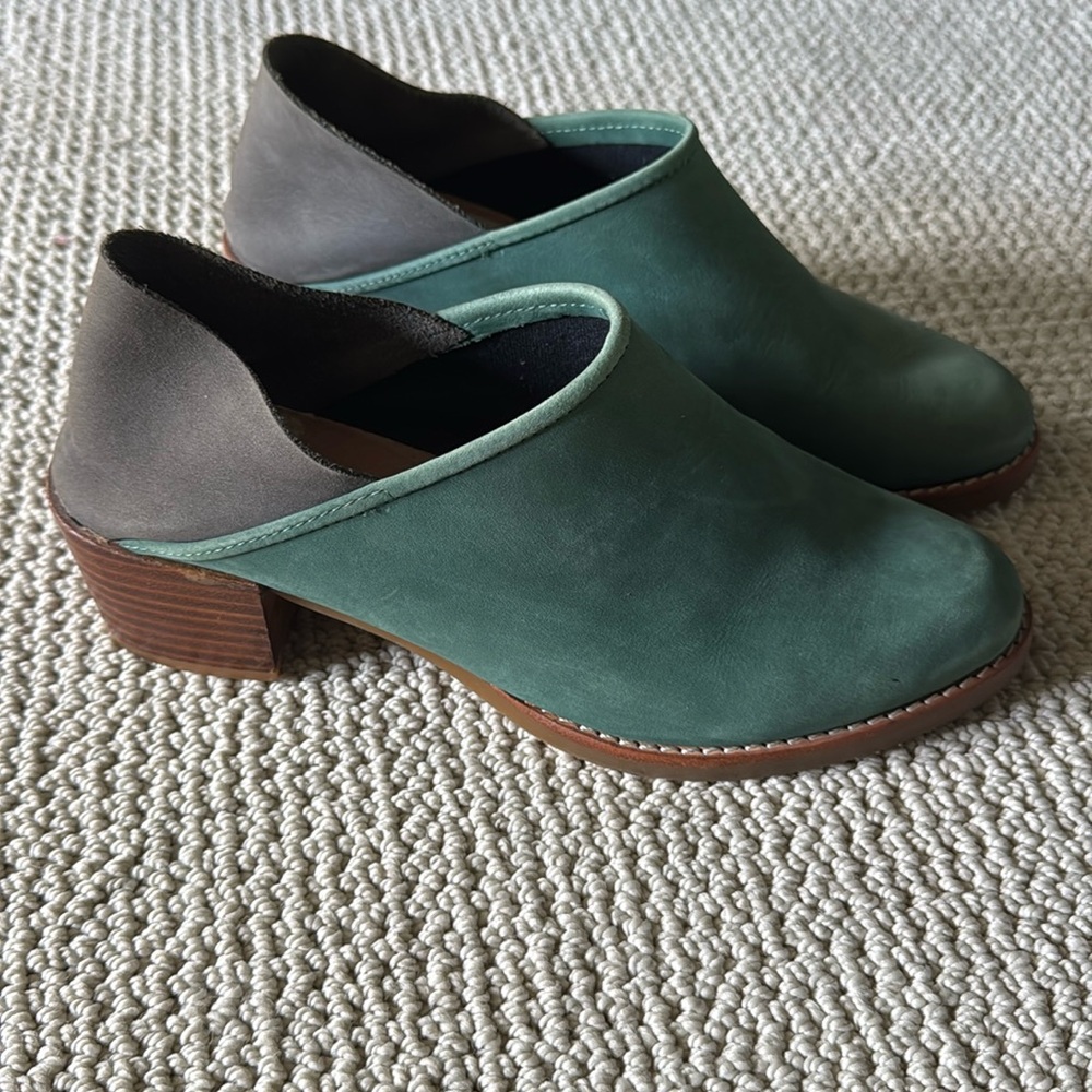 Anthropologie Green and Gray Leather Clog Booties